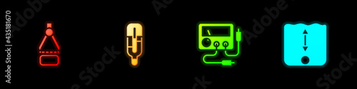 Set Drawing compass, Medical thermometer, Multimeter, voltmeter and Depth measurement icon. Vector