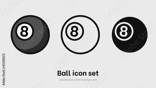 Black 8 pool ball icon set. Set of black 8 pool ball for sport, activity and game. Ball pictogram isolated on white background. Sport equipment. Vector illustration