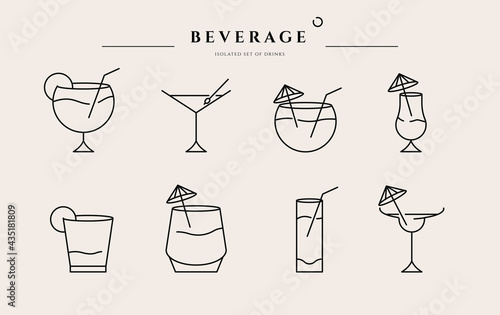 Beverage thin line icon. Minimal summer alcohol cocktail in glass for restaurant and design element. Thin outline and editable stroke. Beverage isolated on beige background. Vector cocktail icon