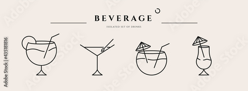 Beverage thin line icon. Minimal summer alcohol cocktail in glass for restaurant and design element. Thin outline and editable stroke. Beverage isolated on beige background. Vector cocktail icon