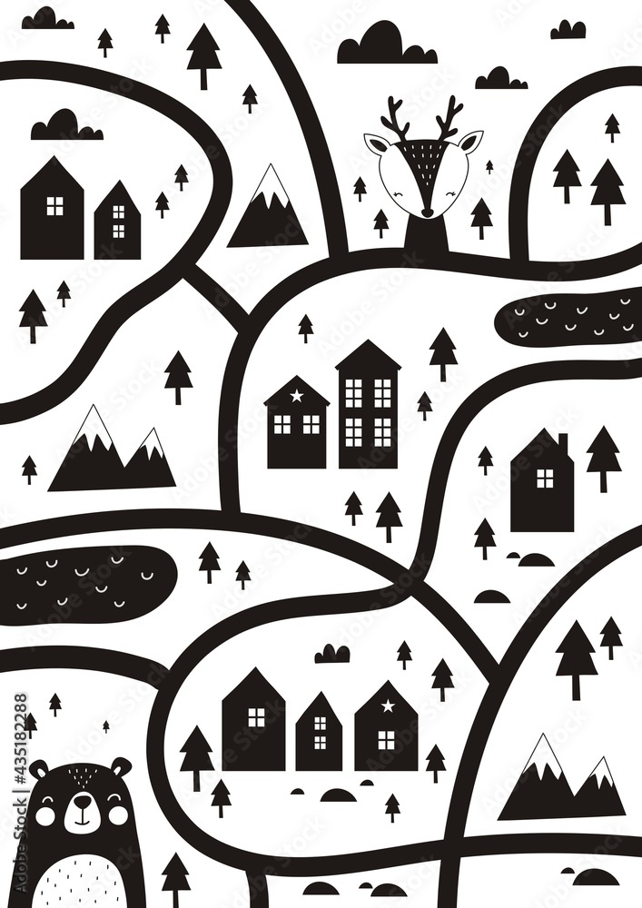 Monochrome Scandinavian vector maze. Cartoon roads with house, tree and car for kids. Vector maze cartoon poster. You can use it to print on the carpet for the decor of the children's room.