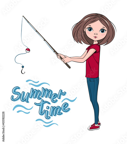Cute Girl fishing. Cartoon design for printing t-shirts, badges, logos, labels or stickers. Vector illustration.