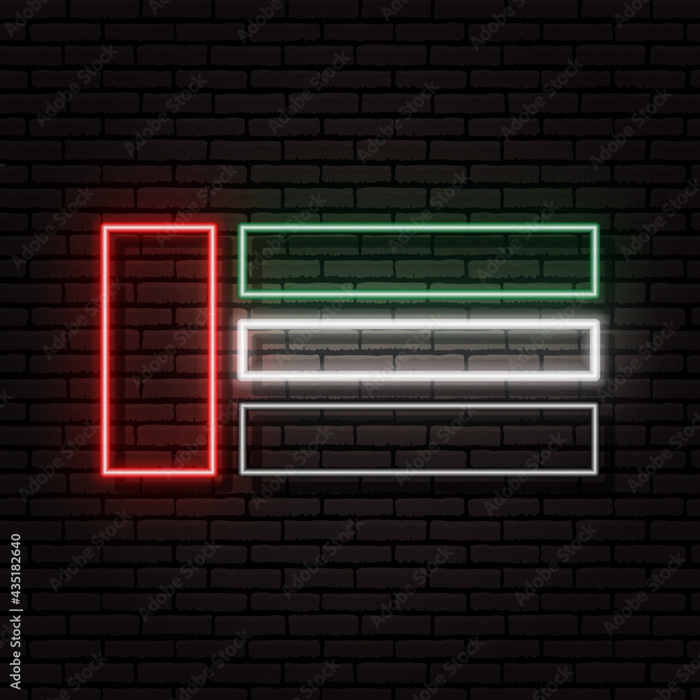 Neon sign in the form of the flag of United Arab Emirates. Against the background of a brick wall with a shadow. For the design of tourist or patriotic themes. Neon sign in the form of the flag of United Arab Emirates. Against the background of a brick wall with a shadow. For the design of tourist or patriotic themes.