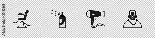 Set Barbershop chair, Spray can for hairspray, Hair dryer and Client in barbershop icon. Vector