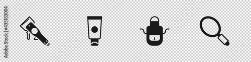 Set Electrical hair clipper, Cream cosmetic tube, Barber apron and Hand mirror icon. Vector