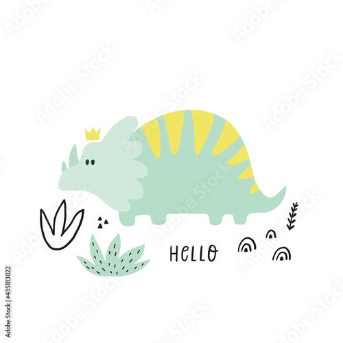 Cute vector print with pink dinosaur for baby girl. Cartoon hand drawn illustration witn pastel color dino. 