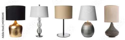 Collage with different stylish night lamps on white background. Banner design photo