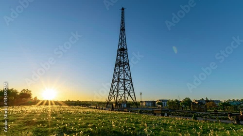 Wooden radio tower at sunset in Gliwice city, Silesia, Poland