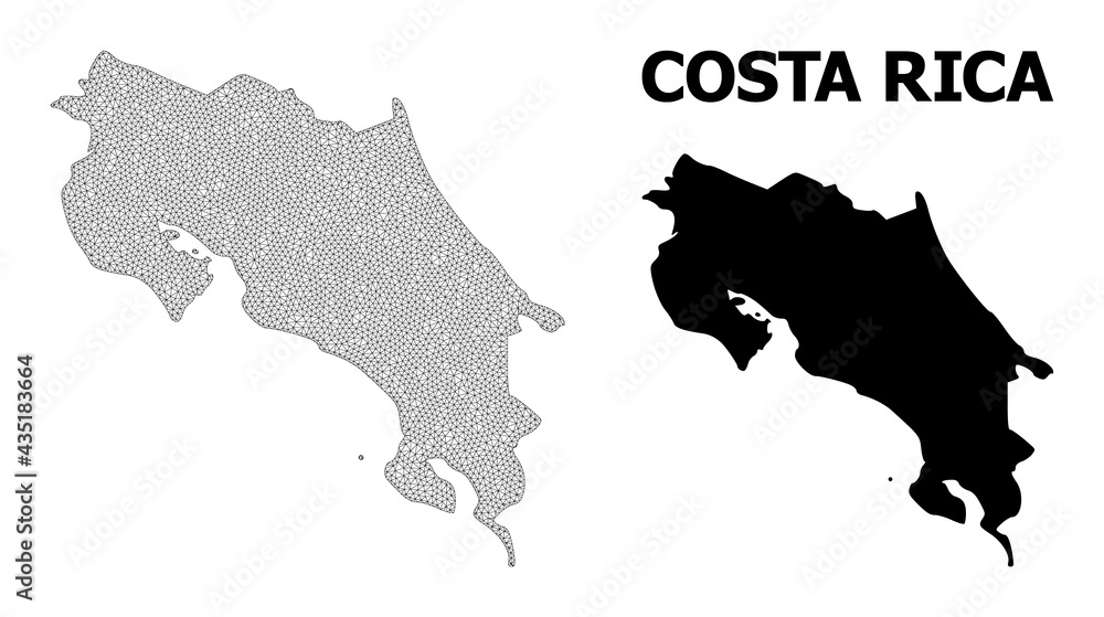 Polygonal mesh map of Costa Rica in high detail resolution. Mesh lines, triangles and dots form map of Costa Rica.