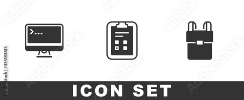 Set Computer monitor, Exam sheet with check mark and School backpack icon. Vector