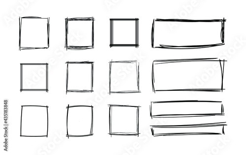 Vector Hand Drawn Squares Set, Blank Frames Set, Black Scribble Geometric Shapes Isolated on White Background.
