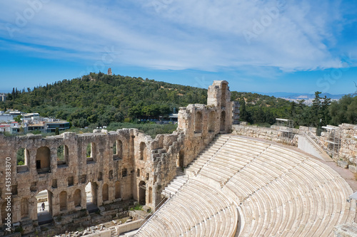 Odeon of Herodes Atticus, commonly known as "Herodeion". The famous Odeon of Herodes Atticus was the last monumental building built in antiquity in the area of the Acropolis. Athens, Greece 5-18-2021