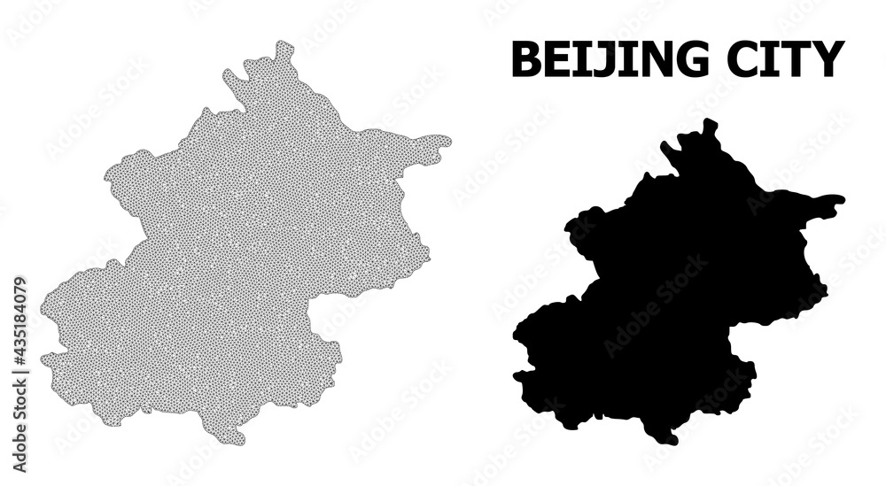 Polygonal mesh map of Beijing Municipality in high detail resolution. Mesh lines, triangles and points form map of Beijing Municipality.