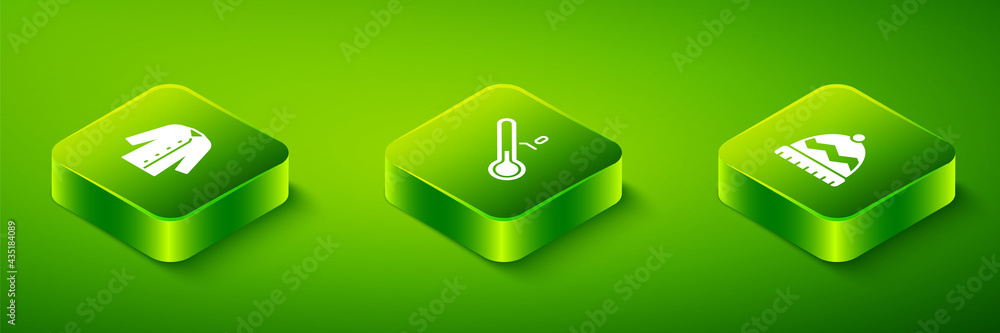 Set Isometric Meteorology thermometer, Winter hat and Raincoat icon. Vector Set Isometric Meteorology thermometer, Winter hat and Raincoat icon. Vector