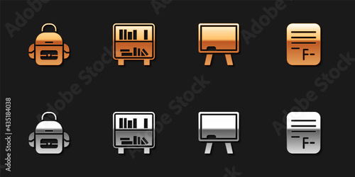 Set School backpack, Shelf with books, Chalkboard and Exam paper incorrect answers icon. Vector