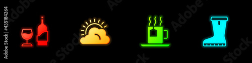 Set Wine bottle with glass, Sun and cloud weather, Cup of tea tea bag and Waterproof rubber boot icon. Vector