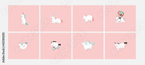 Hand drawn vector stock abstract flat cartoon graphic illustrations cards collection set with wizard simple style funny white unicorn isolated on pink pastel background