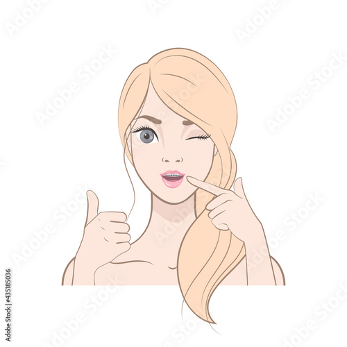 Pretty African American Girl. Attention. Isolated imageDental care. Face of a young Blonde woman with braces on her teeth. Vector illustration