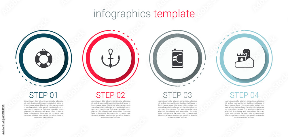 Set Lifebuoy, Anchor, Soda can and Sand castle. Business infographic template. Vector Set Lifebuoy, Anchor, Soda can and Sand castle. Business infographic template. Vector