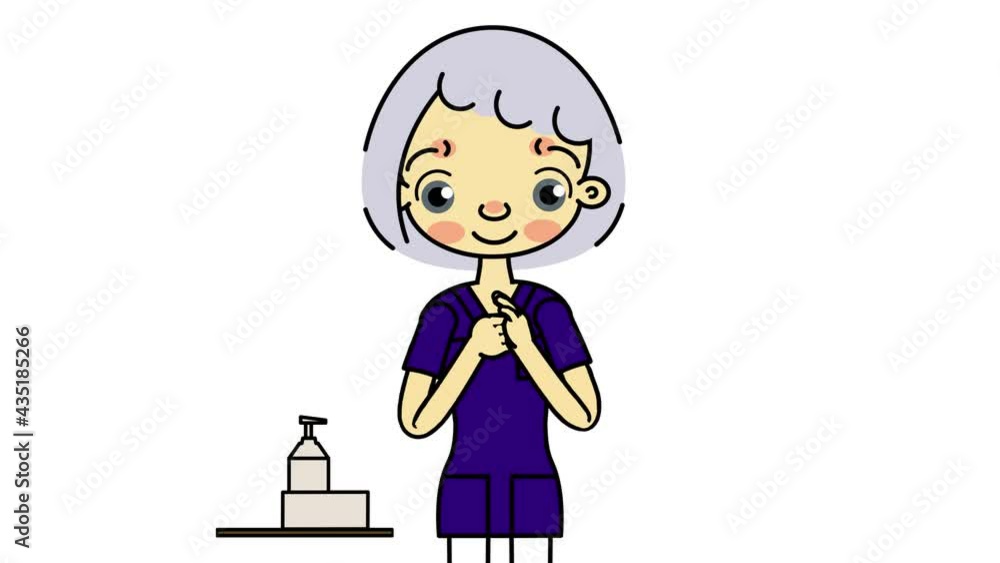 Female nurse perform hygienic hand disinfection and wearing face mask on white background 17 second. cartoon animation. Female nurse perform hygienic hand disinfection and wearing face mask on white background 17 second. cartoon animation.