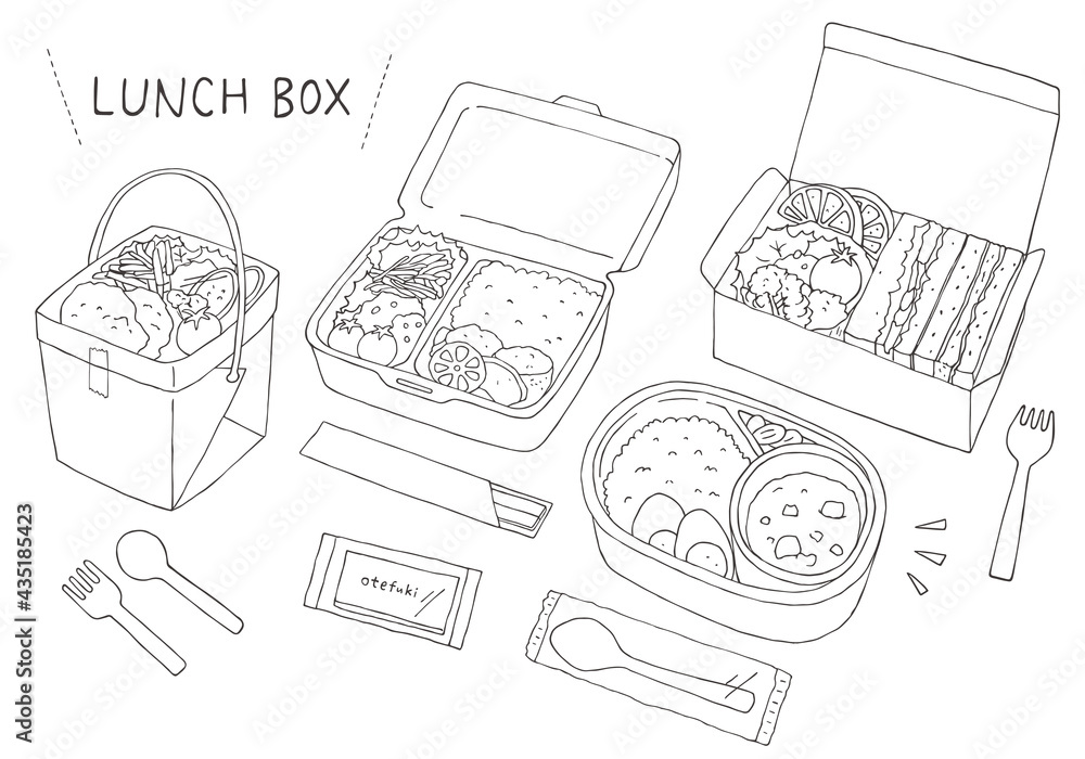テイクアウト お弁当にまつわる手描きイラスト モノクロ Stock Vector Adobe Stock