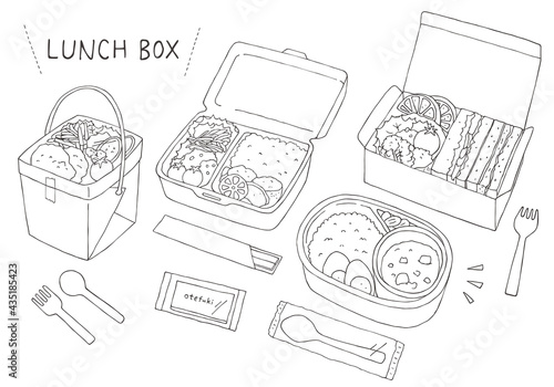 テイクアウト・お弁当にまつわる手描きイラスト（モノクロ）