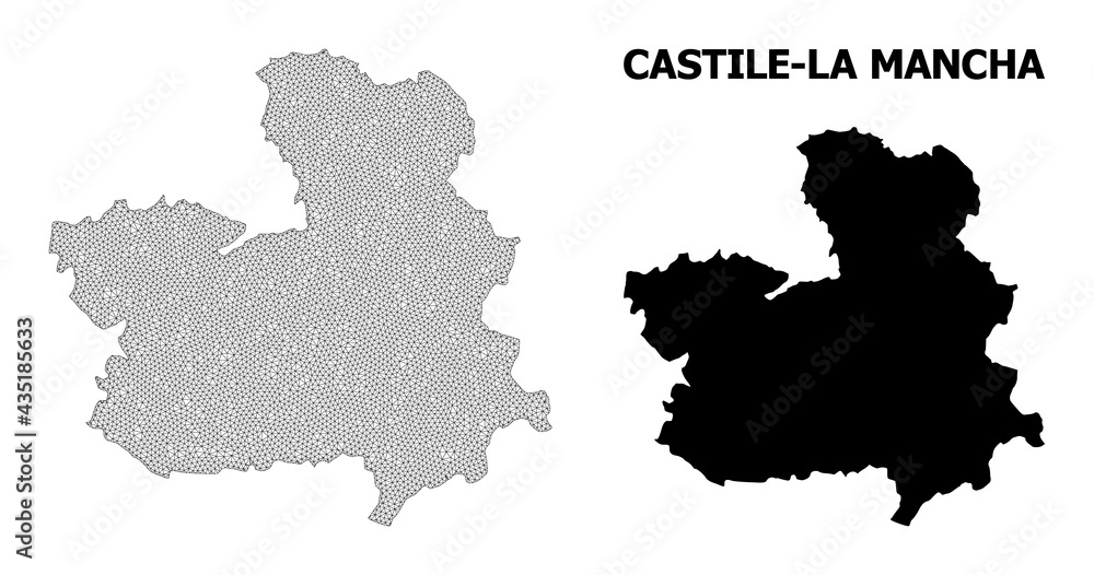 Polygonal mesh map of Castile-La Mancha Province in high detail resolution. Mesh lines, triangles and dots form map of Castile-La Mancha Province.