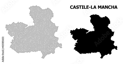 Polygonal mesh map of Castile-La Mancha Province in high detail resolution. Mesh lines  triangles and dots form map of Castile-La Mancha Province.