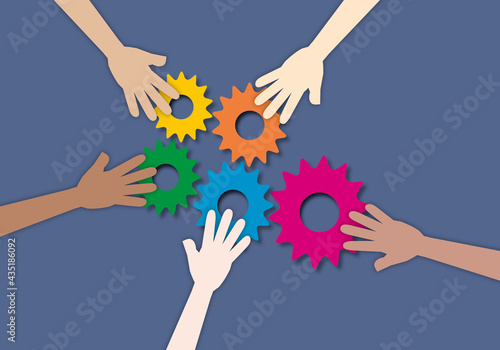 Photography Group hands touching the colourful gears as metaphor for effective teamwork and unity, Group of diverse, Hands together joining concept, Connection, paper cut style