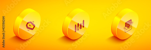 Set Isometric Coffin with cross, Garden fence wooden and Chocolate bar icon. Vector