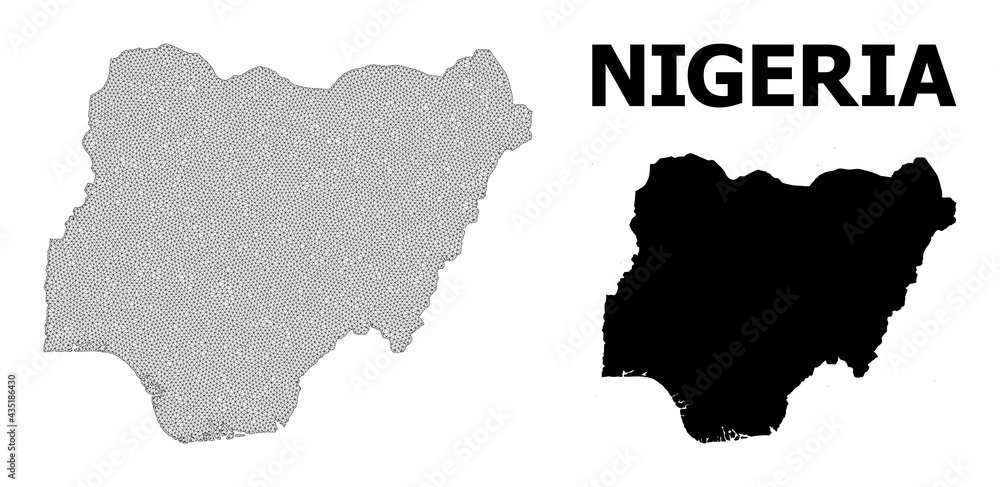 Polygonal mesh map of Nigeria in high detail resolution. Mesh lines, triangles and points form map of Nigeria. High detail wire frame 2D polygonal line network in vector format on a white background.