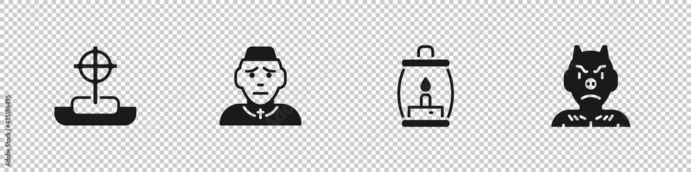Set Tombstone with cross, Priest, Camping lantern and Krampus, heck icon. Vector
