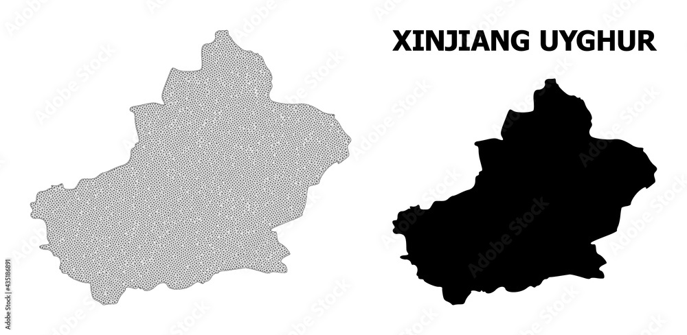 Polygonal mesh map of Xinjiang Uyghur Region in high detail resolution. Mesh lines, triangles and points form map of Xinjiang Uyghur Region.