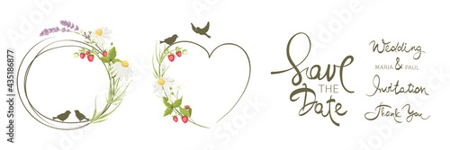 Frames for Wedding invitation with lavender, chamomile and strawberry. Set vector design elements on the theme of flowering and summer and calligraphic lettering collection.
