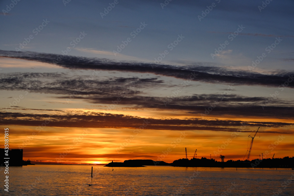 Sunset over Stavanger harbour, Stavanger, Rogaland Norway