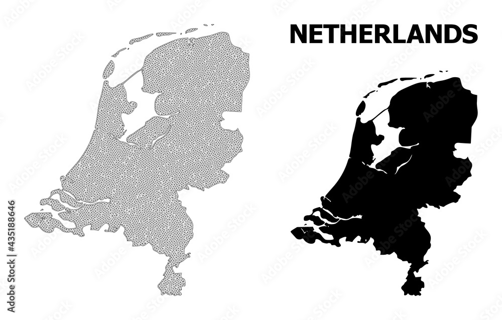 Polygonal mesh map of Netherlands in high detail resolution. Mesh lines, triangles and points form map of Netherlands.