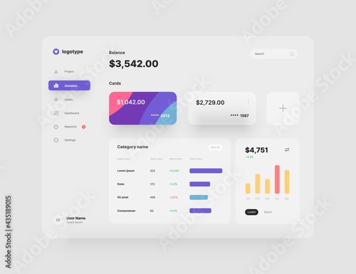 Dashboard design. Desktop app with UI elements. Use for web application or website.