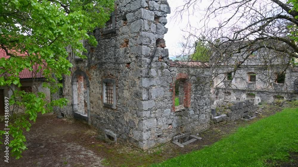 Abandoned historic building in countryside. Ruins of a once mighty villa in Slovenia. Only walls remained. Forsaken building. Tilt up, wide angle Abandoned historic building in countryside. Ruins of a once mighty villa in Slovenia. Only walls remained. Forsaken building. Tilt up, wide angle