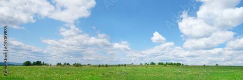Natural summer rustic landscape. green field and blue clouds sky. bright summer countryside background. banner