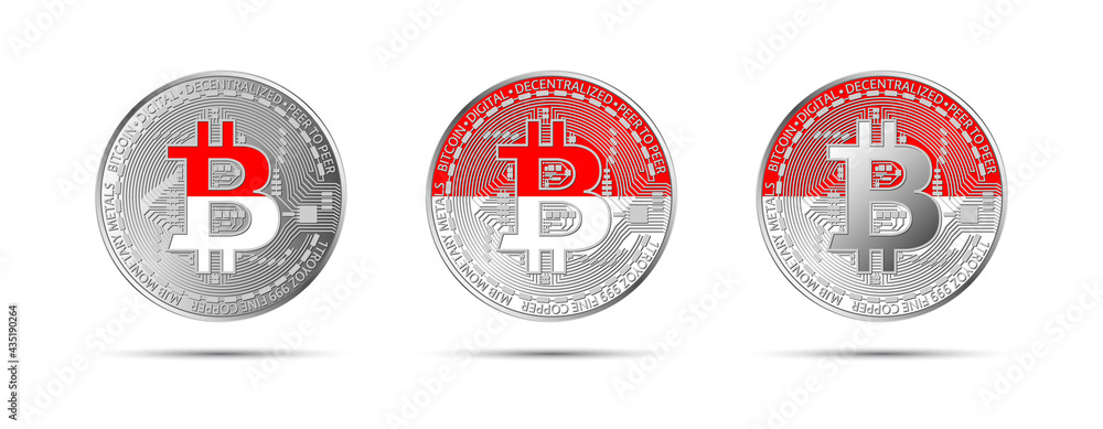 Three Bitcoin crypto coins with the flag of Indonesia. Money of the future. Modern cryptocurrency vector illustration