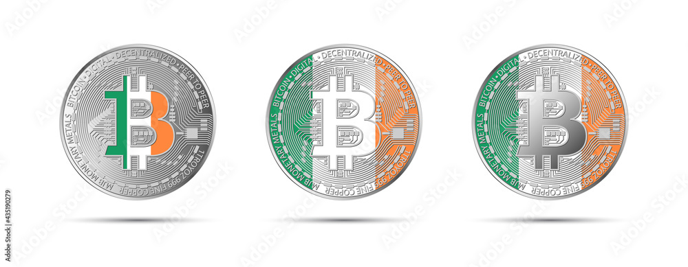 Naklejka premium Three Bitcoin crypto coins with the flag of Ireland. Money of the future. Modern cryptocurrency vector illustration