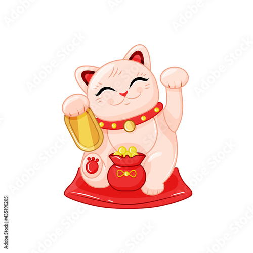 Japanese lucky cat with a bag of gold coins. Maneki neko. The symbol of wealth. Vector illustration. Vector illustration