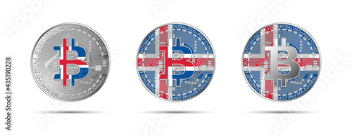 Three Bitcoin crypto coins with the flag of Iceland. Money of the future. Modern cryptocurrency vector illustration
