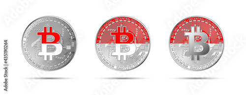 Three Bitcoin crypto coins with the flag of Indonesia. Money of the future. Modern cryptocurrency vector illustration