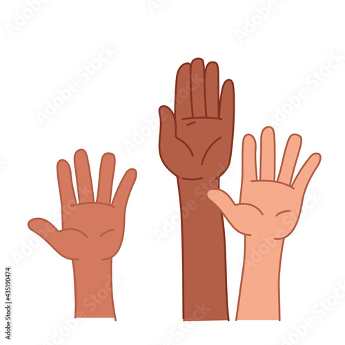 Colorful hands reach up. Voting for freedom. strike or rally. Vector illustration in cartoon children s style. Isolated clipart on white background