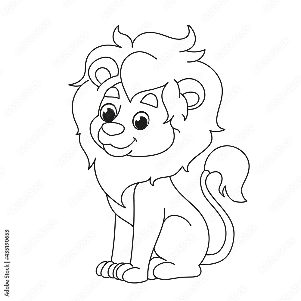 A cute lion cub sits. Children s cartoon coloring. Black and white