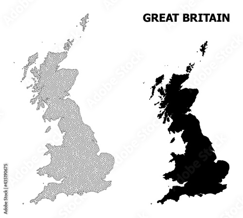 Polygonal mesh map of Great Britain in high detail resolution. Mesh lines, triangles and dots form map of Great Britain.