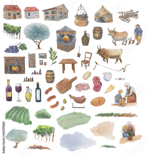 watercolor cottagecore art, vineyard landscape clipart, farm life scenery illustration, farmer and bull in field, grandparents and grandkids, garden, tavern, olives, wine, country house scenery