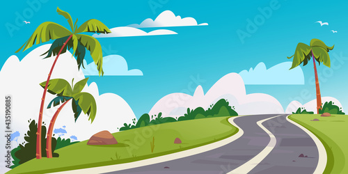 Vector winding road surrounded by palm trees. Background with beautiful white clouds. Cartoon track for cars. Isolated on white background beautiful realistic fun