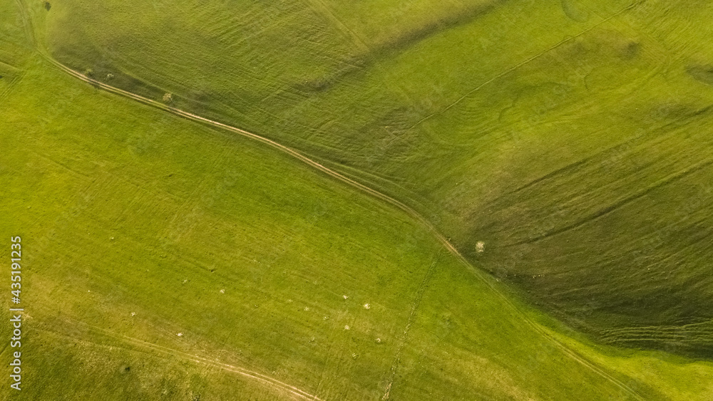 Incredibly beautiful aerial view landscape: green meadows, fields, trees